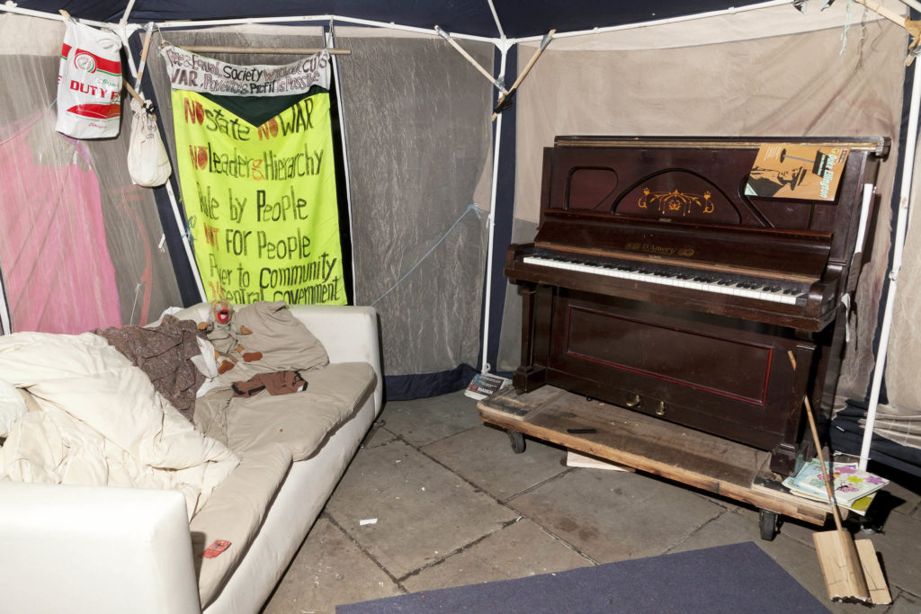 Interior of the International Commission Tent, St. Paul's Camp. This tent was a meeting point for protestors of different nationalities to meet and network. An offshoot of the global Occupy Movement, 'Occupy London' was an anti-capitalist protest that took the form of a large, organised camping occupation outside St Paul's Cathedral and in Finsbury Square in central London. The protest commenced on the 15th October 2011, and was cleared from St Paul's on the 28th February 2012, and from Finsbury Square in June 2012.