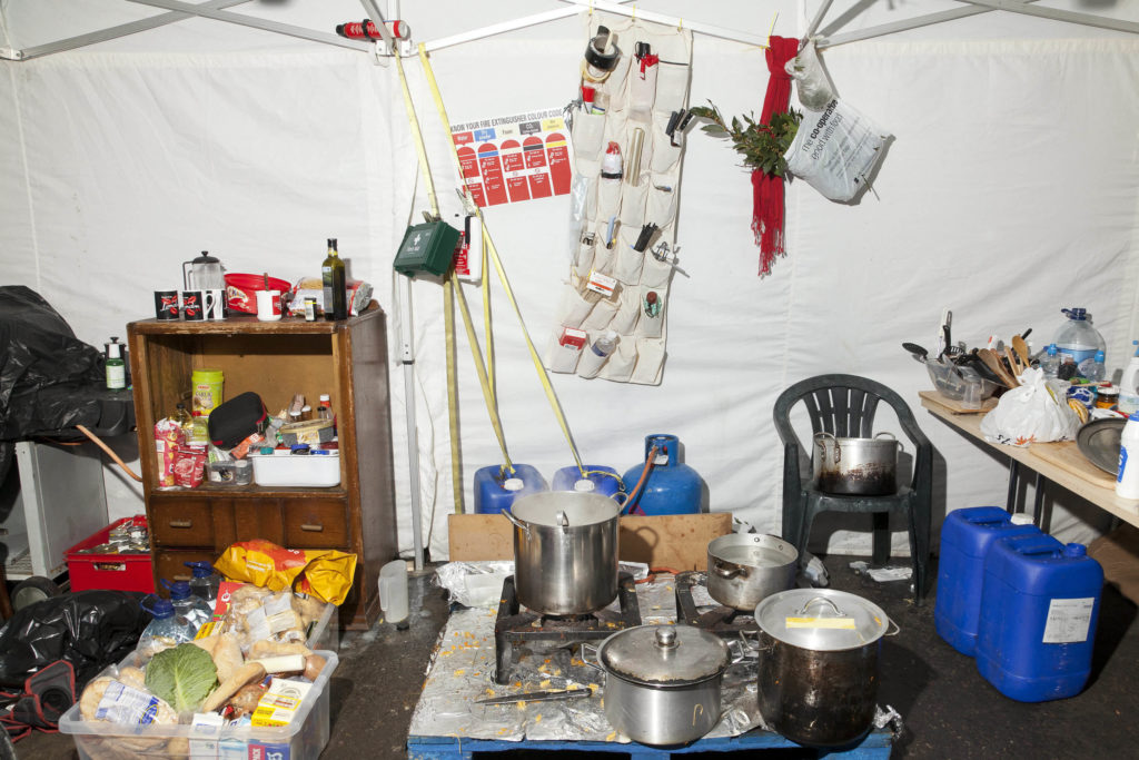 Interior of the kitchen Tent, St. Paul's Camp. Free meals were provided for protestors, using food and supplies donated by supporters and volunteers. An offshoot of the global Occupy Movement, 'Occupy London' was an anti-capitalist protest that took the form of a large, organised camping occupation outside St Paul's Cathedral and in Finsbury Square in central London. The protest commenced on the 15th October 2011, and was cleared from St Paul's on the 28th February 2012, and from Finsbury Square in June 2012.