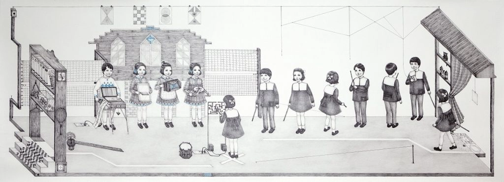 Audition, 2019, kağıt üzerine kurşun kalem ve kuru boya, 51 x 140 cm web