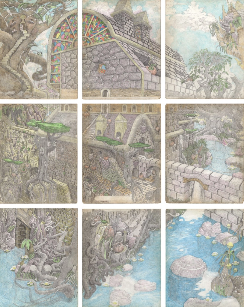 Untitled-Pumpkin-Castle-Exterior-2013.-Colored-pencil-on-paper-11x14-in-per-panel (1)